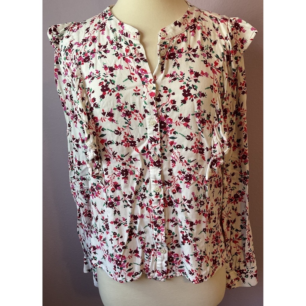 J. Crew White Long Sleeve Pink Floral‎ Button Up Top Blouse Romantic Size Large